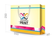заказать печать Бумажный пакет тираж 100 штук горизонтальный, А4 формата , размер 350х250х90 мм, бумага 200 г/м² + с ламинацией, установка люверсов и ручки-шнурка